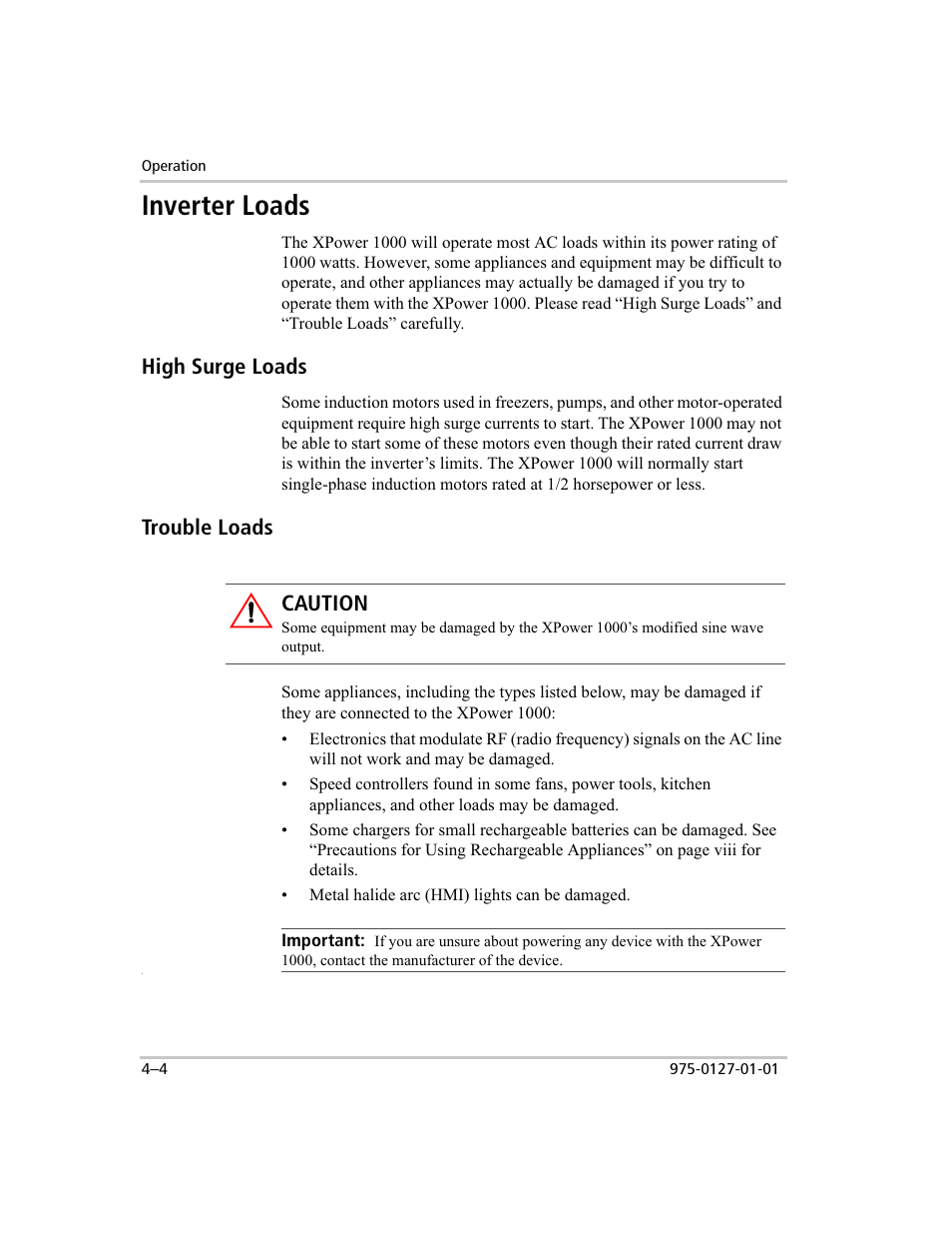 High surge loads / trouble loads, Inverter loads, High surge loads | Trouble loads, Caution | Xantrex Technology 1000 User Manual | Page 39 / 66