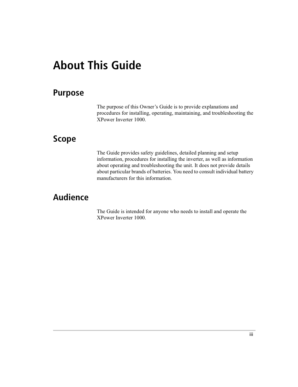 About this guide, Purpose, Scope | Audience | Xantrex Technology 1000 User Manual | Page 4 / 66