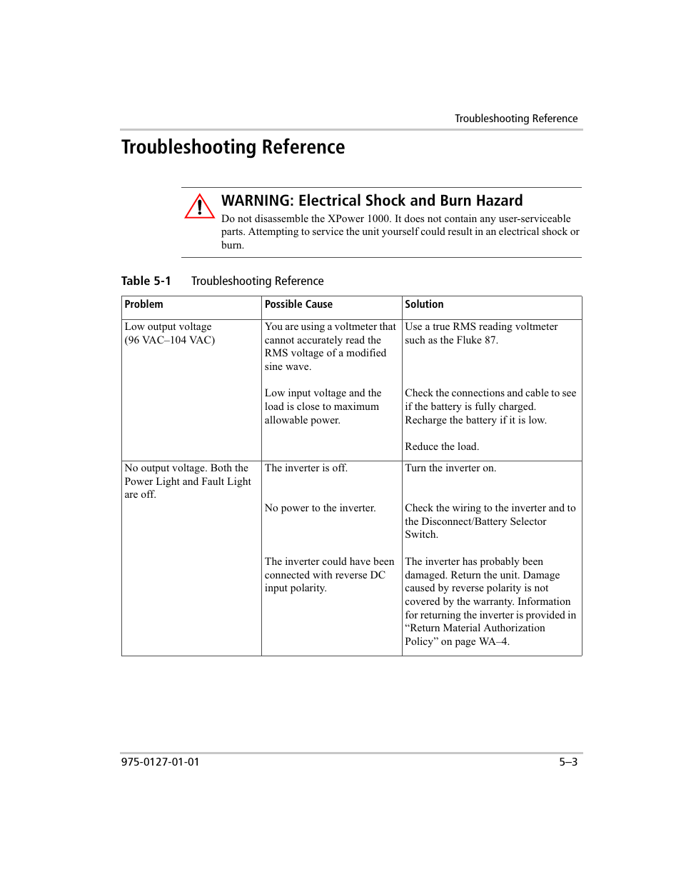 Troubleshooting reference, Warning: electrical shock and burn hazard | Xantrex Technology 1000 User Manual | Page 44 / 66