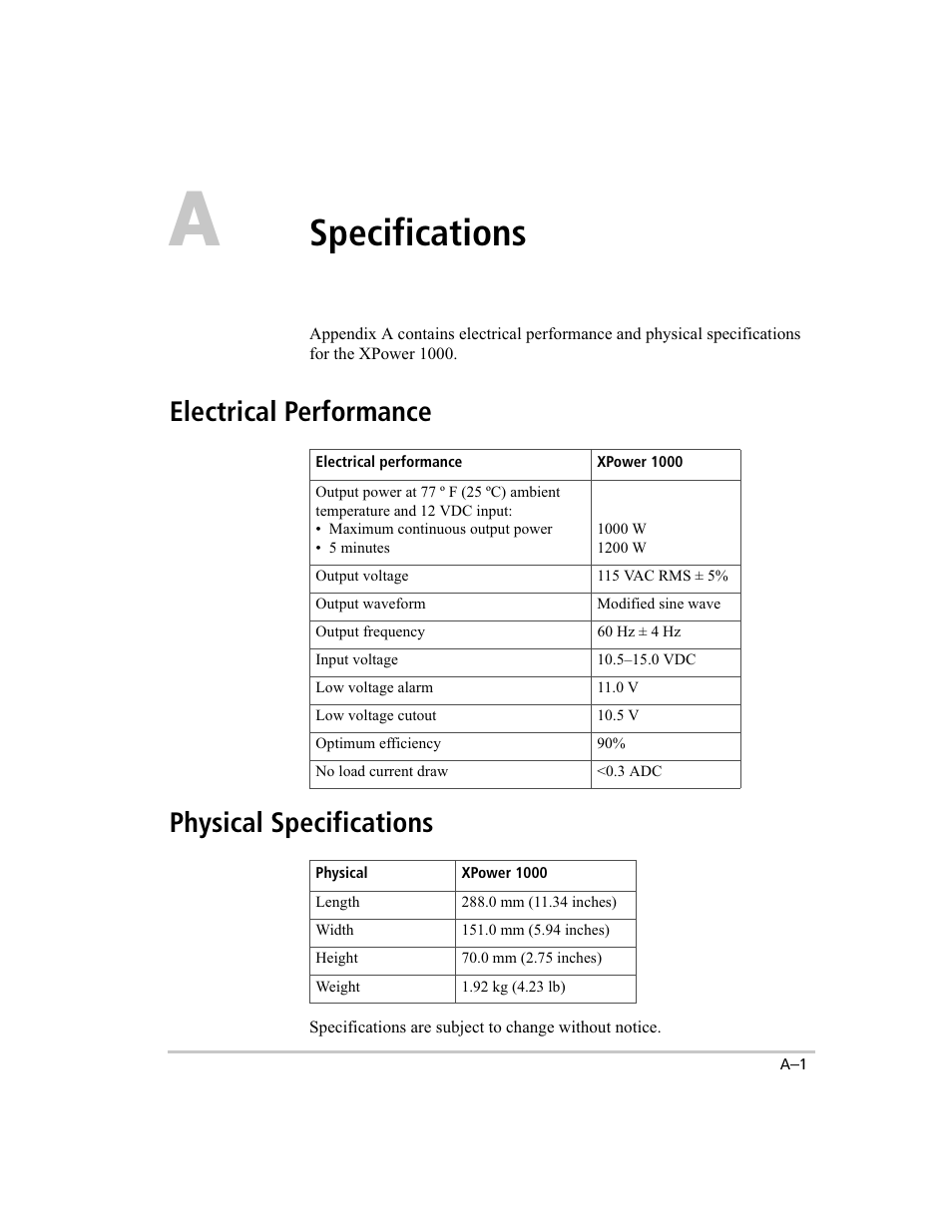 Specs, Specifications, Electrical performance physical specifications | Xantrex Technology 1000 User Manual | Page 46 / 66