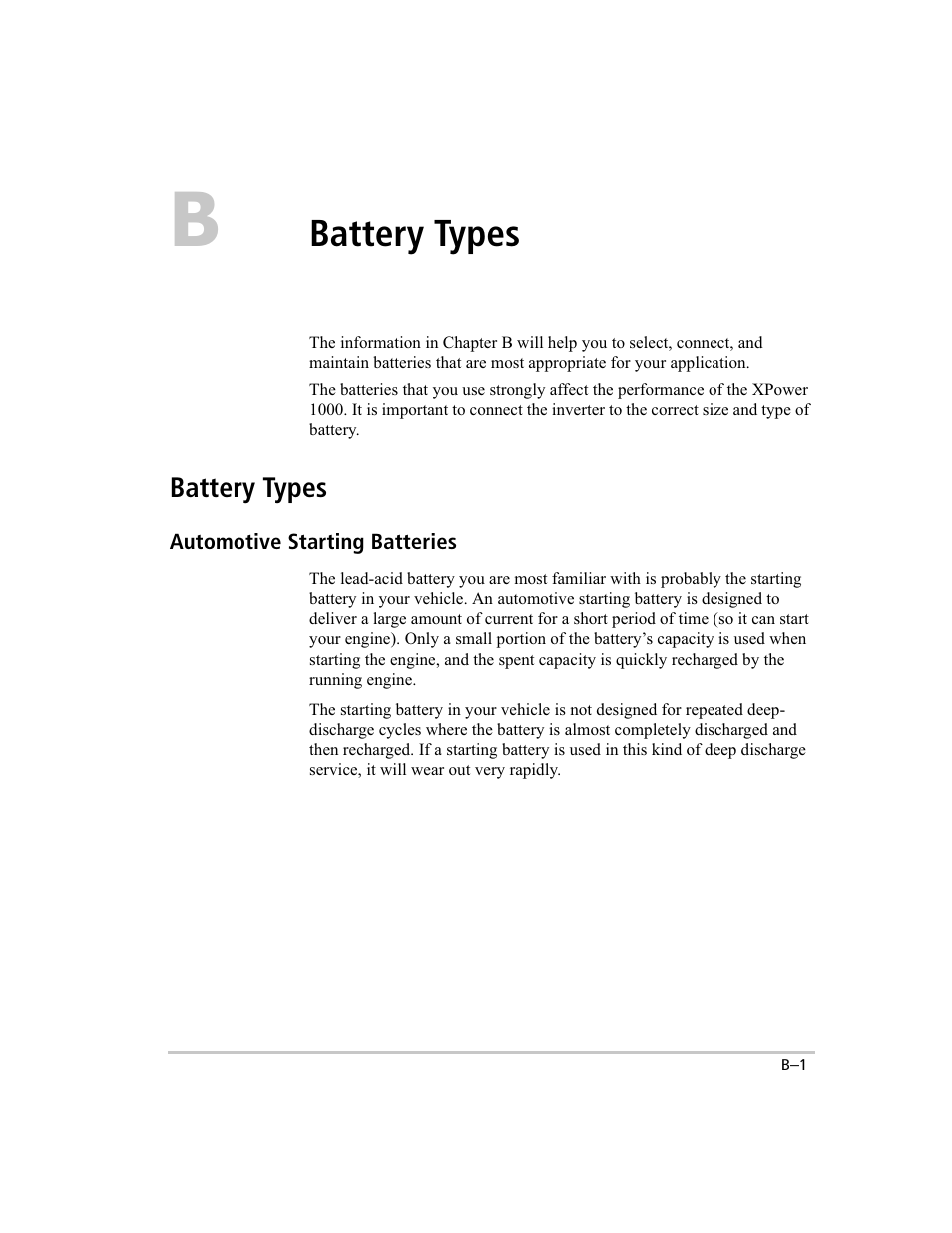 Battery types / general battery info, Battery types | Xantrex Technology 1000 User Manual | Page 48 / 66