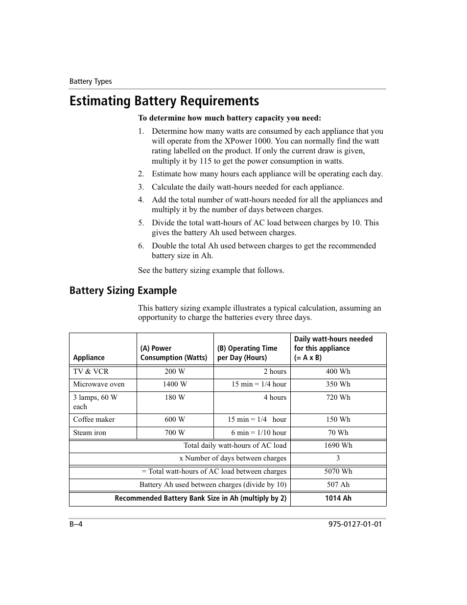 Estimating battery requirements, Battery sizing example | Xantrex Technology 1000 User Manual | Page 51 / 66