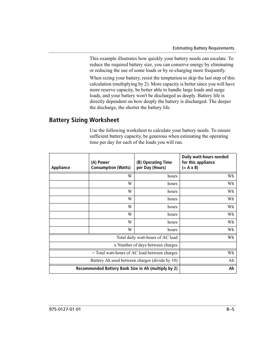 Battery sizing worksheet | Xantrex Technology 1000 User Manual | Page 52 / 66
