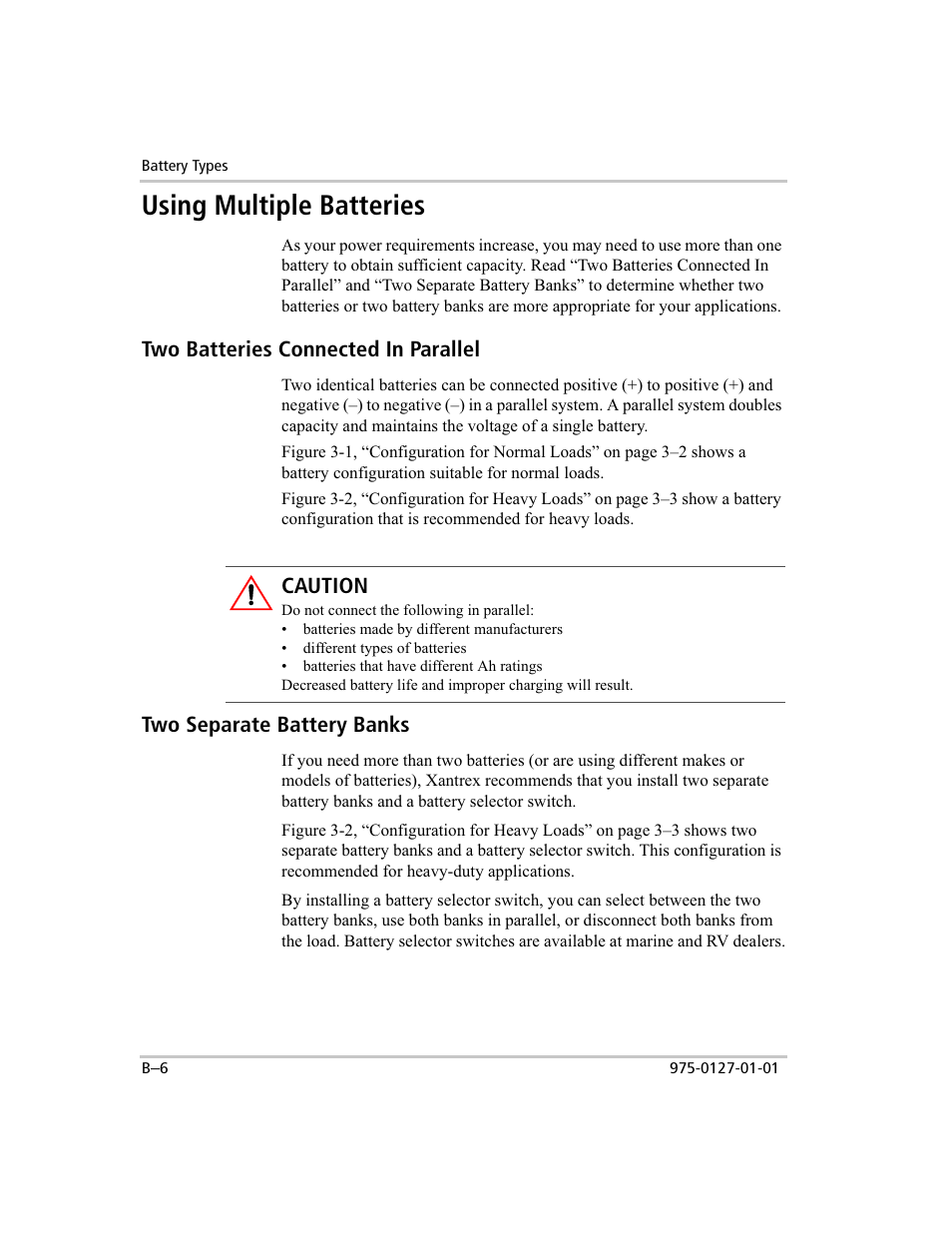 Using multiple batteries, Two batteries connected in parallel, Two separate battery banks | Caution | Xantrex Technology 1000 User Manual | Page 53 / 66