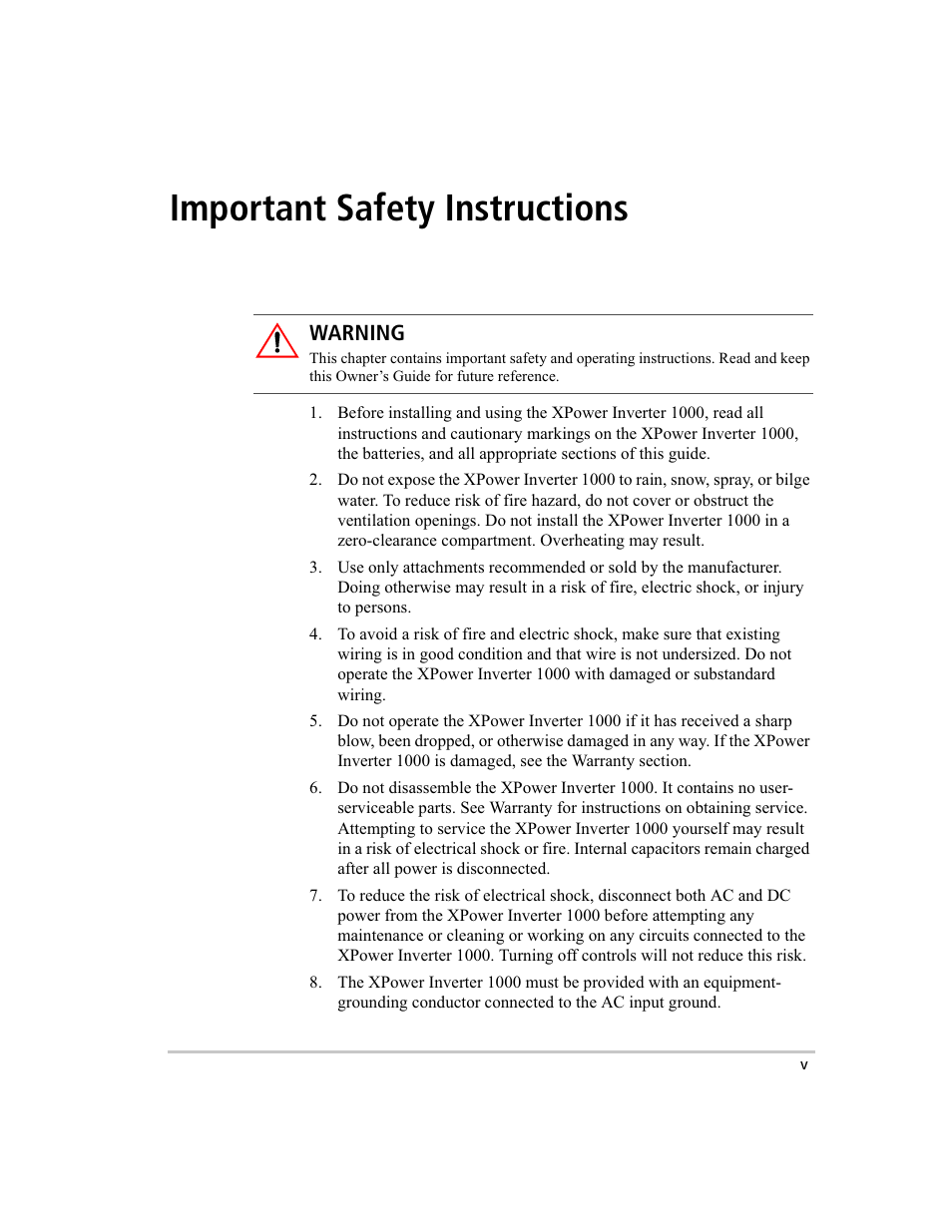 Warnings & cautions, Important safety instructions | Xantrex Technology 1000 User Manual | Page 6 / 66