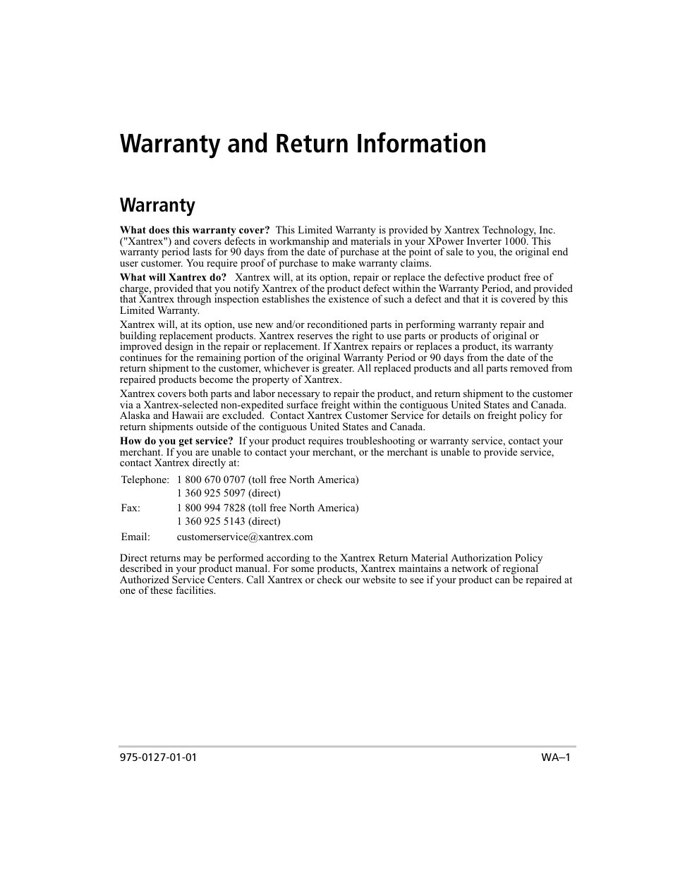 Warranty, Warranty and return information | Xantrex Technology 1000 User Manual | Page 60 / 66