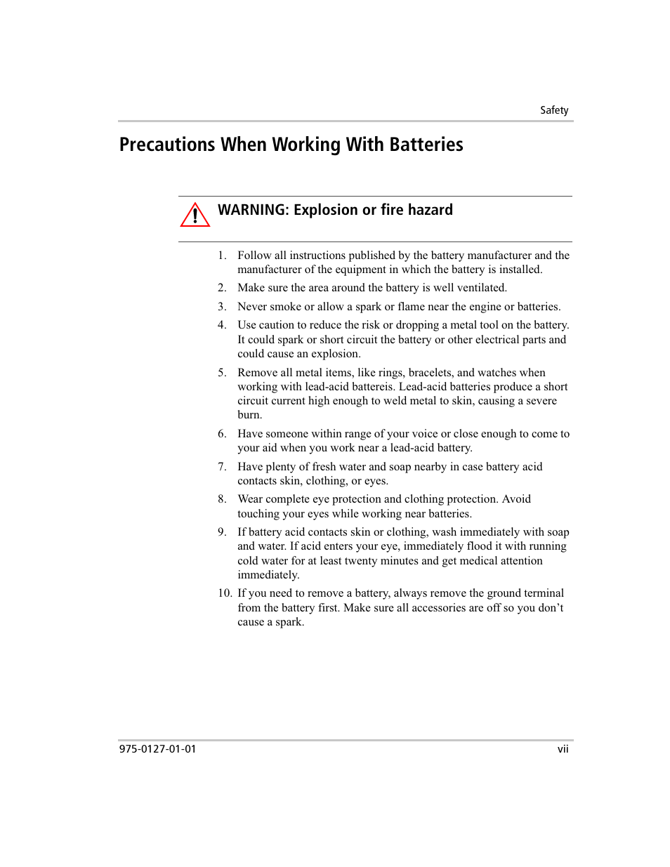 Precautions when working with batteries, Warning: explosion or fire hazard | Xantrex Technology 1000 User Manual | Page 8 / 66