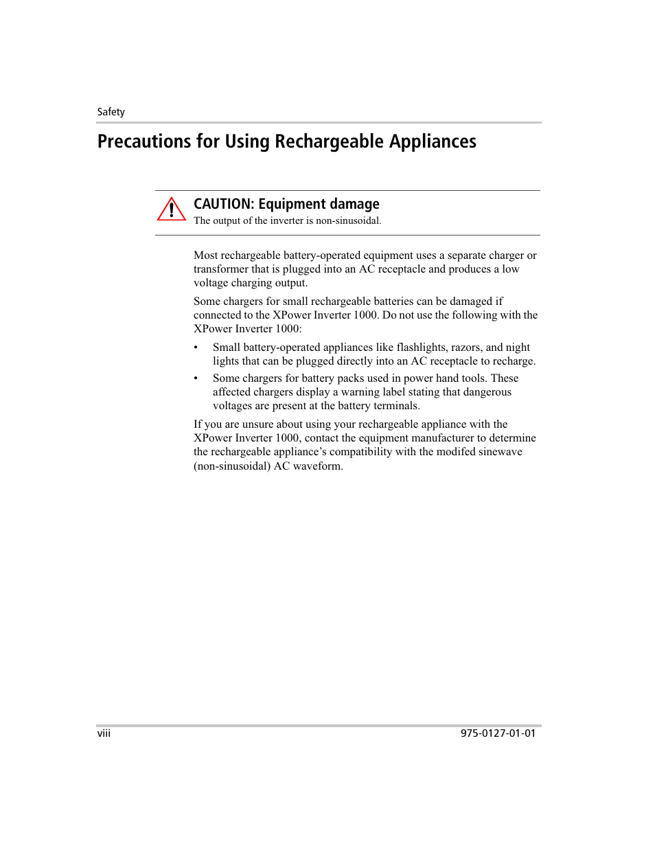 Precautions for using rechargeable appliances, Caution: equipment damage | Xantrex Technology 1000 User Manual | Page 9 / 66