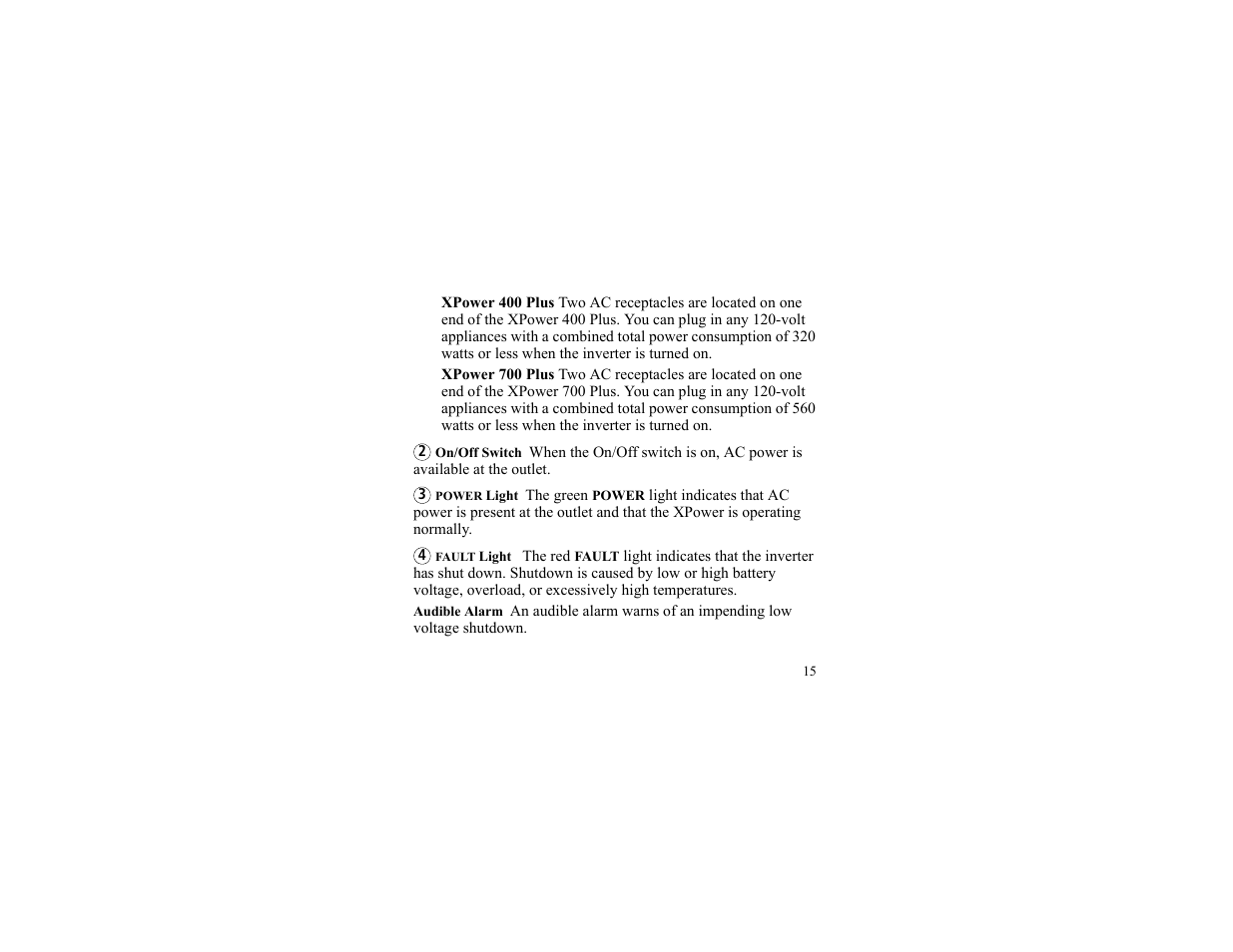 On/off switch, Power light, Fault light | Audible alarm | Xantrex Technology 175 PLUS User Manual | Page 16 / 52