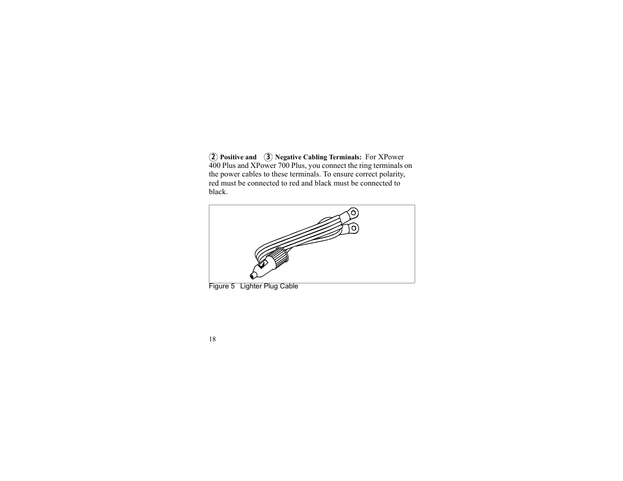 Positive and negative cabling terminals, Figure 5 lighter plug cable | Xantrex Technology 175 PLUS User Manual | Page 19 / 52