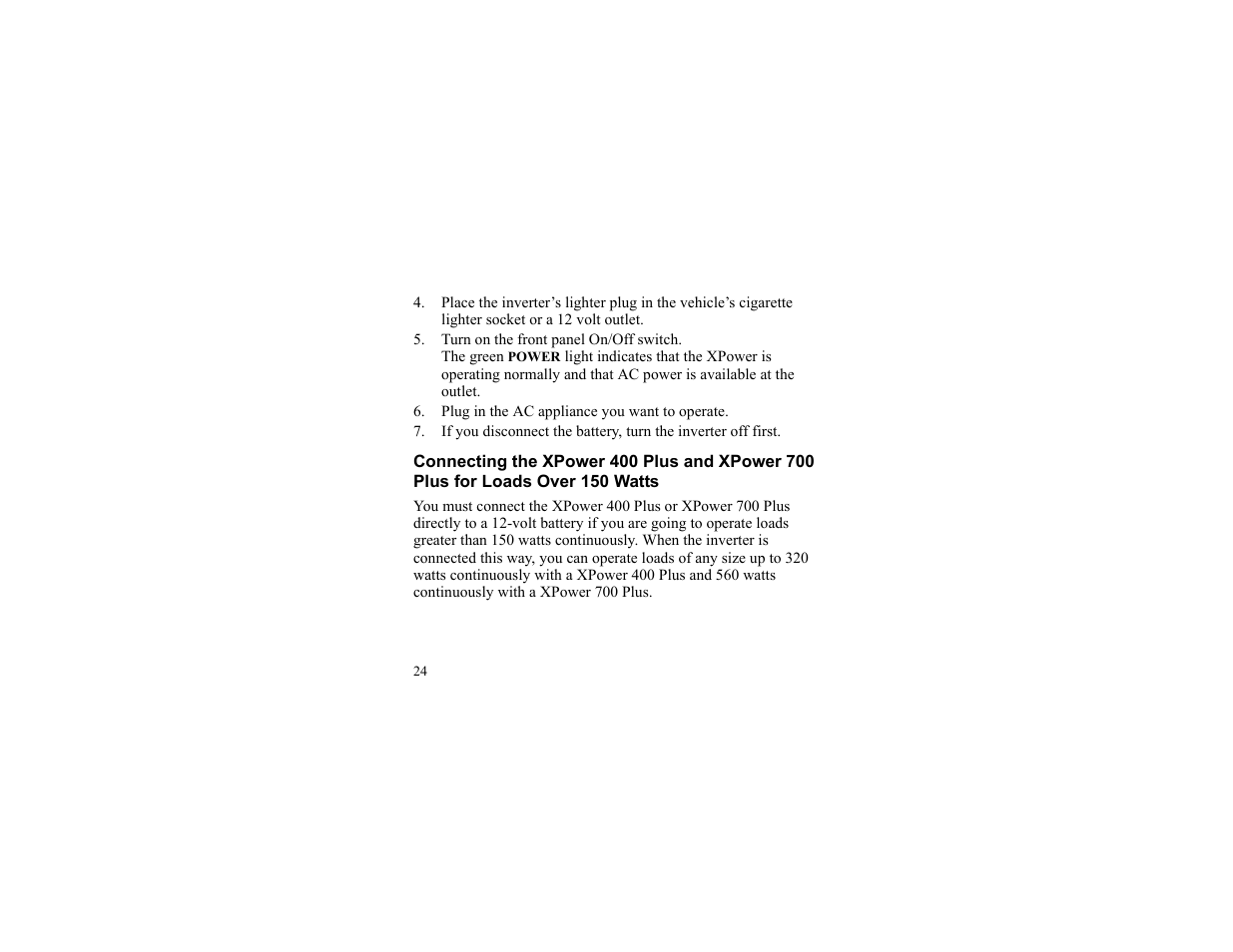 Plug in the ac appliance you want to operate, Connecting the xpower 400 plus and, Xpower 700 plus for loads over 150 watts | Xantrex Technology 175 PLUS User Manual | Page 25 / 52