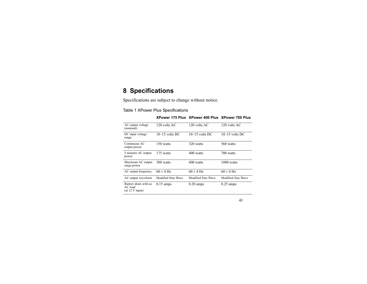 8 specifications, Table 1 xpower plus specifications, Specifications | 8 specifications | Xantrex Technology 175 PLUS User Manual | Page 42 / 52