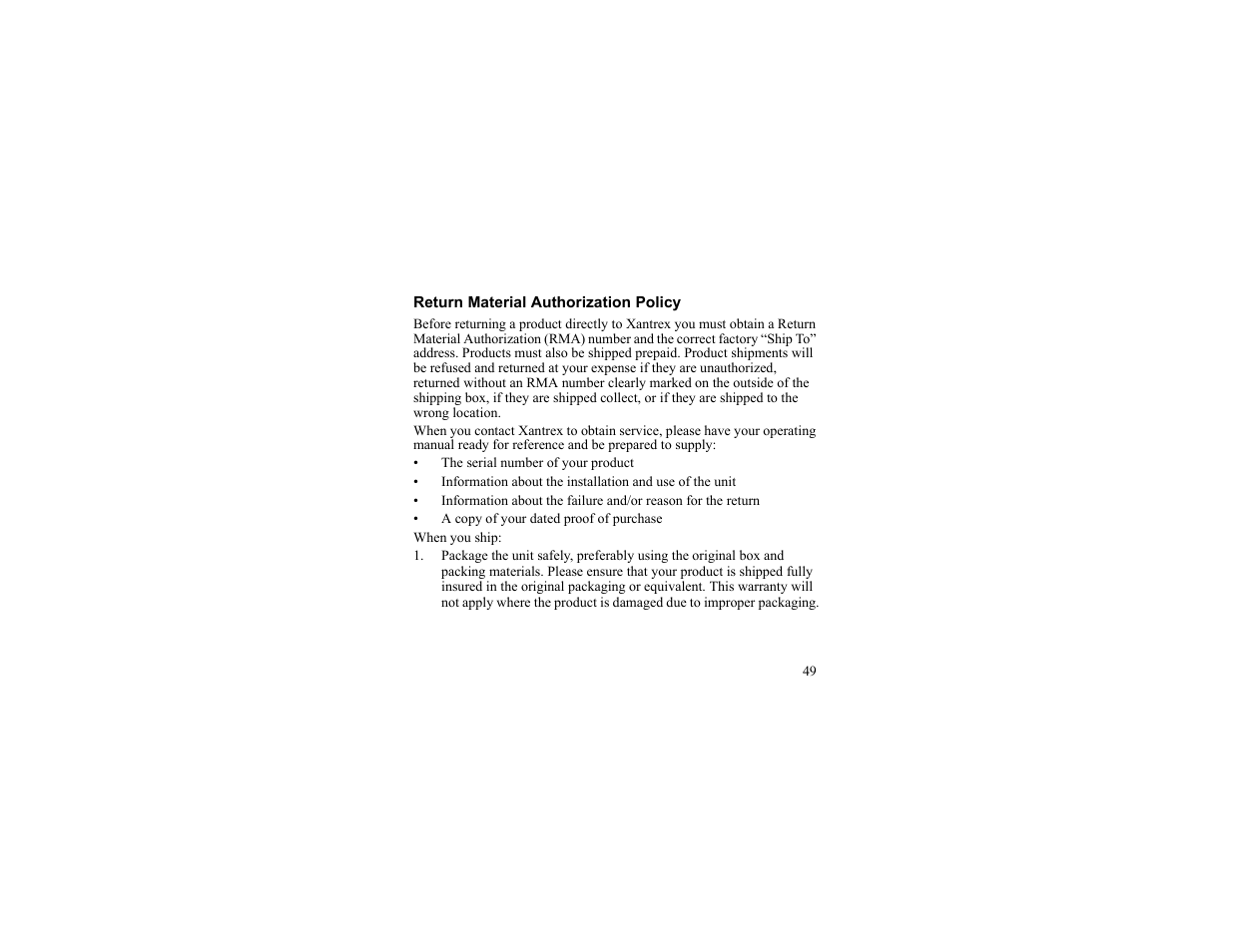 Return material authorization policy | Xantrex Technology 175 PLUS User Manual | Page 50 / 52