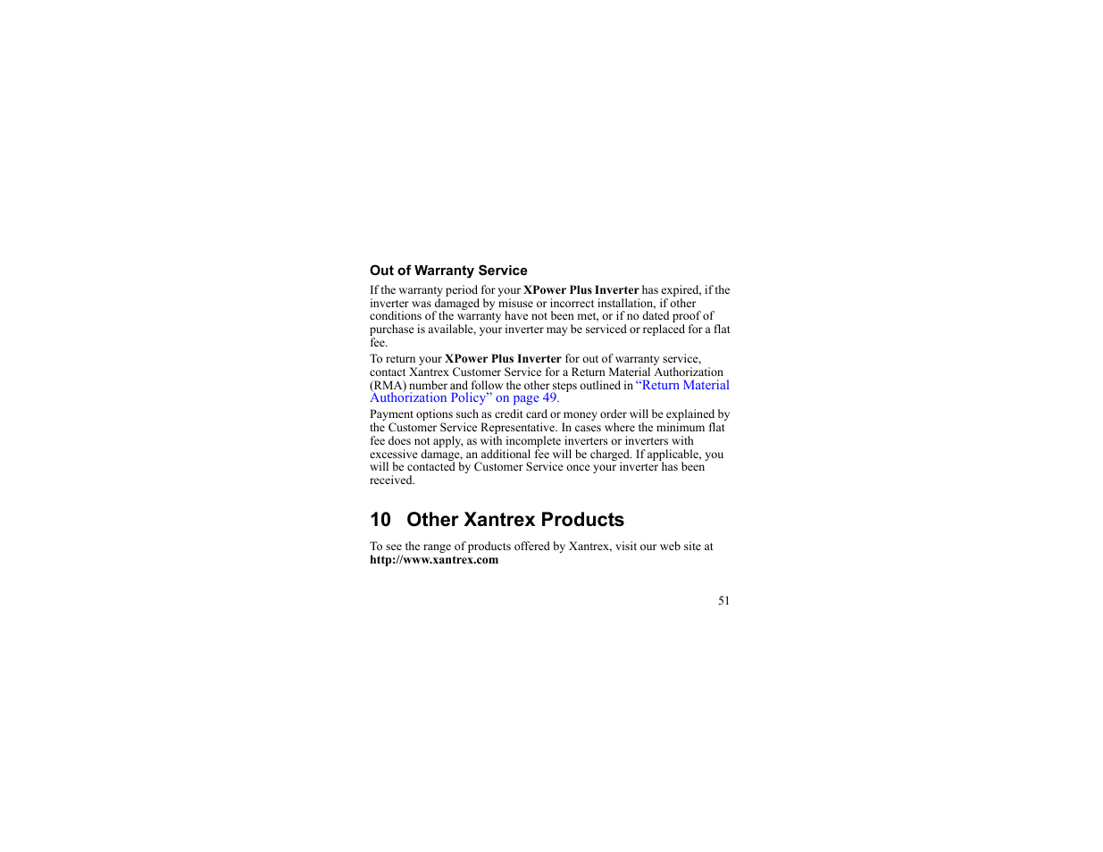 Out of warranty service, 10 other xantrex products, Other xantrex products | 10 other xantrex products | Xantrex Technology 175 PLUS User Manual | Page 52 / 52