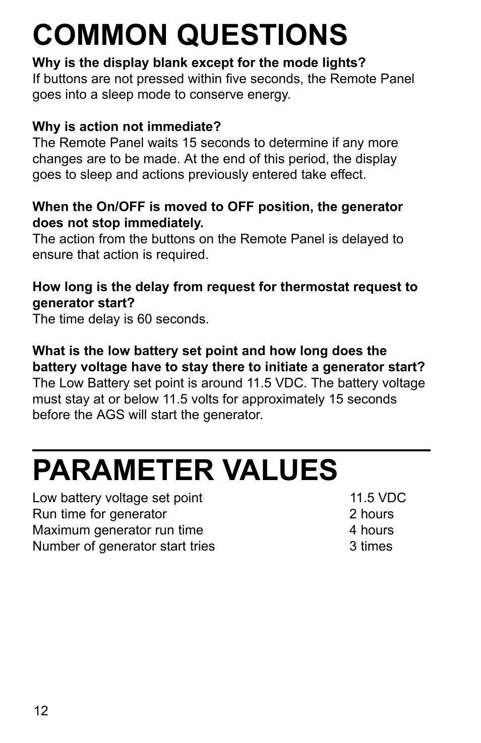 Common questions, Parameter values | Xantrex Technology AGS User Manual | Page 12 / 20