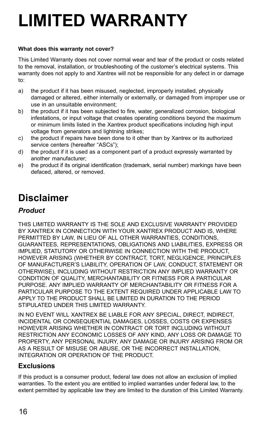 Limited warranty, Disclaimer | Xantrex Technology AGS User Manual | Page 16 / 20