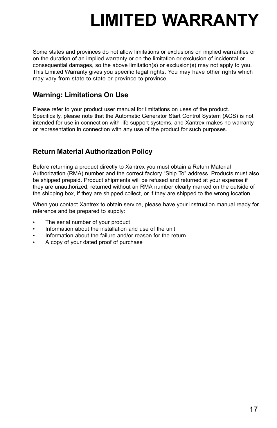 Limited warranty | Xantrex Technology AGS User Manual | Page 17 / 20