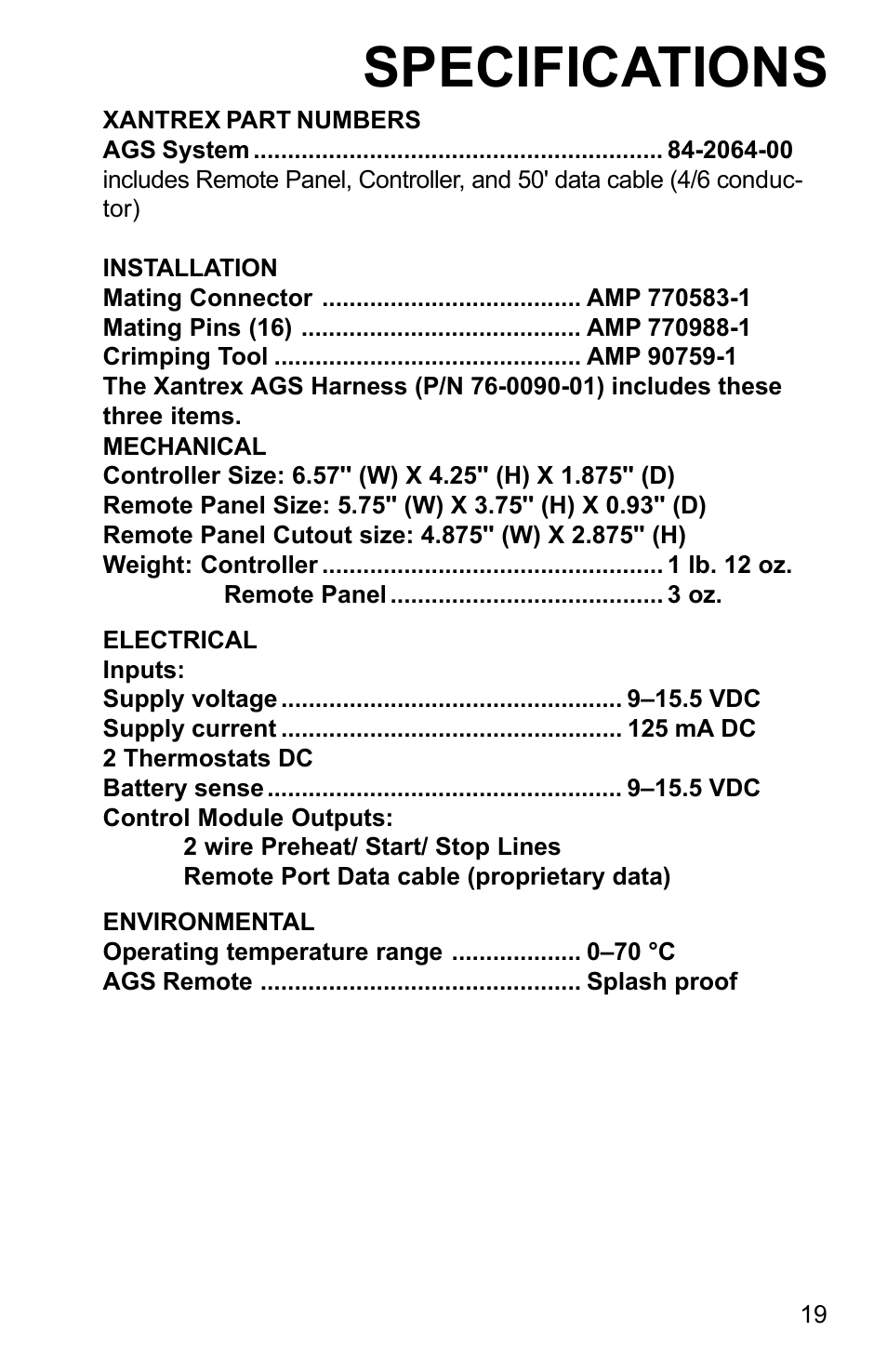 Specifications | Xantrex Technology AGS User Manual | Page 19 / 20