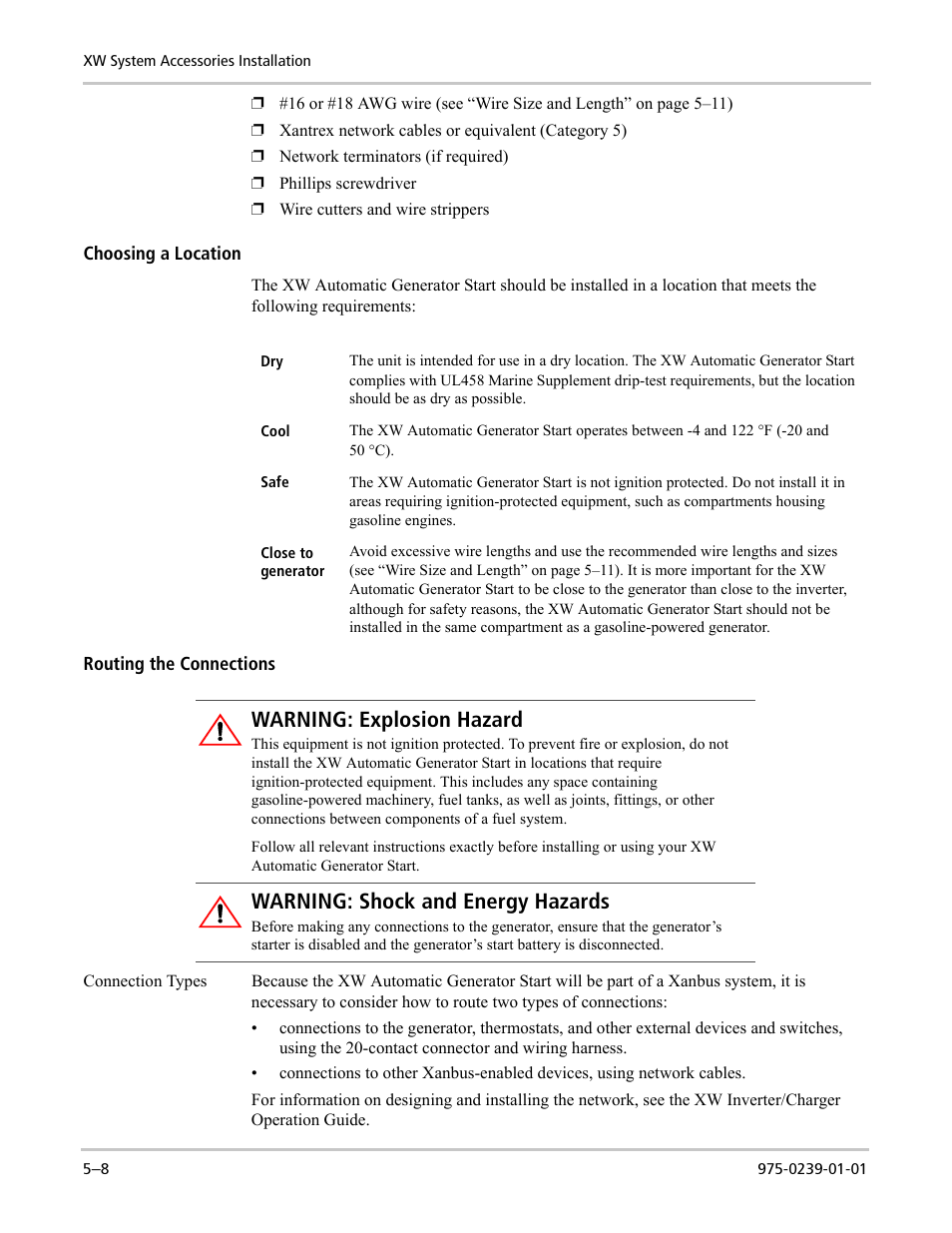 Warning: explosion hazard, Warning: shock and energy hazards | Xantrex Technology XW4024-120/240-60 User Manual | Page 100 / 136