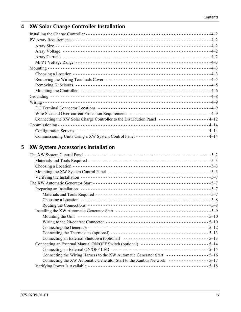 4xw solar charge controller installation, 5xw system accessories installation | Xantrex Technology XW4024-120/240-60 User Manual | Page 11 / 136