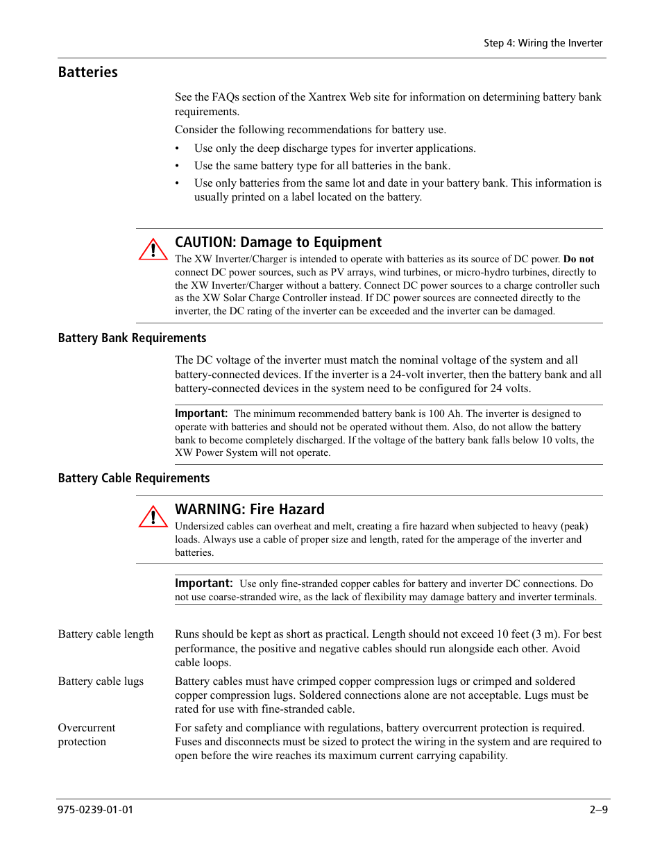 Batteries, Caution: damage to equipment, Warning: fire hazard | Xantrex Technology XW4024-120/240-60 User Manual | Page 33 / 136