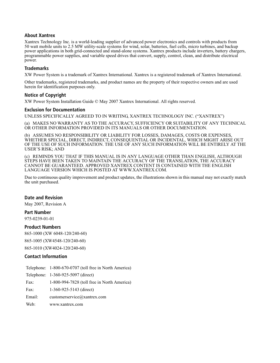 Xantrex Technology XW4024-120/240-60 User Manual | Page 4 / 136
