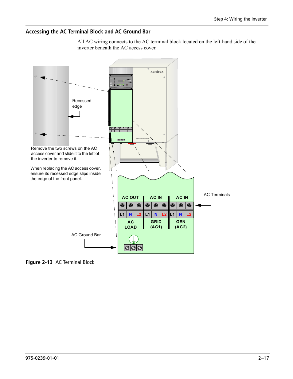 Accessing the ac terminal block and ac ground bar | Xantrex Technology XW4024-120/240-60 User Manual | Page 41 / 136