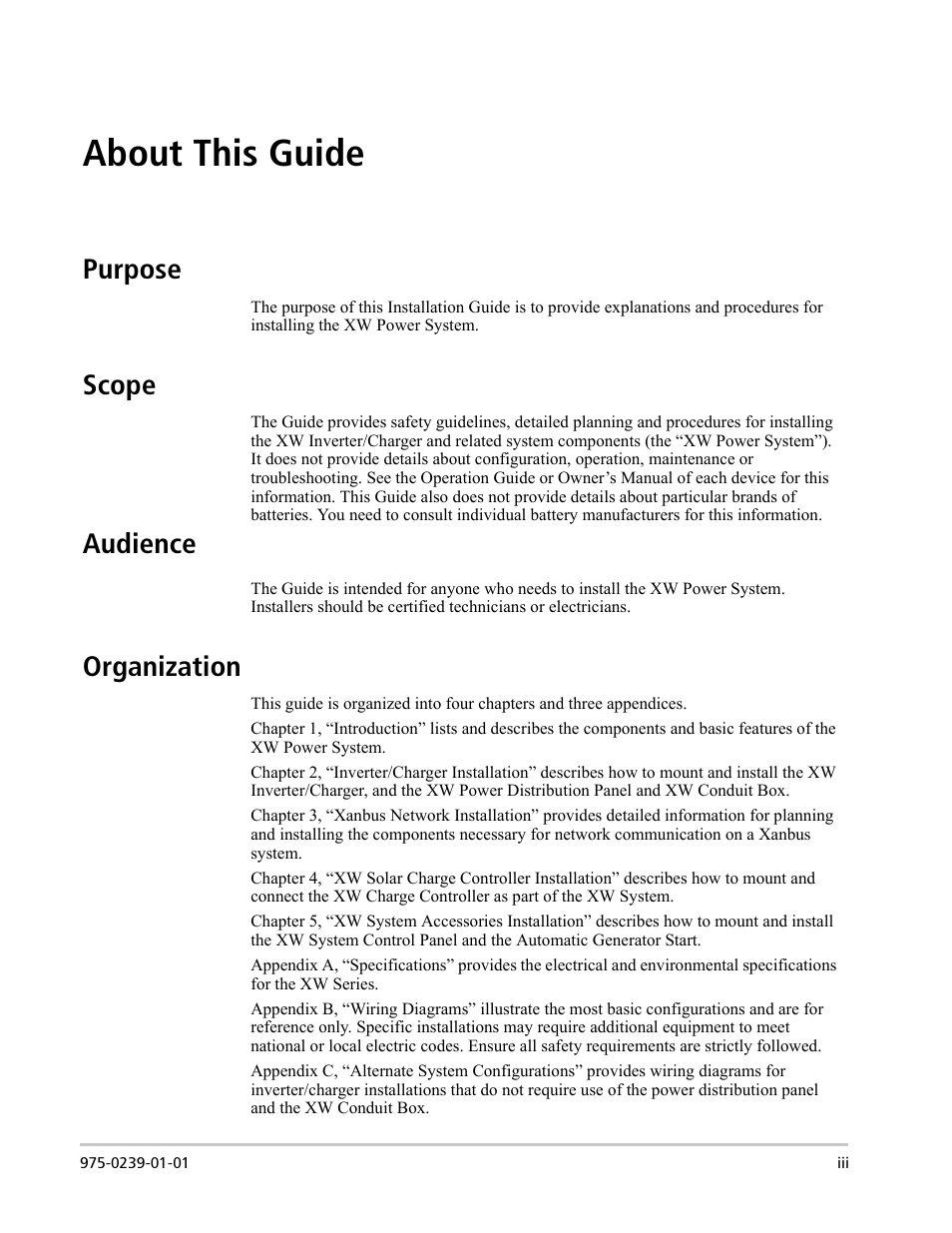 About this guide, Purpose, Scope | Audience, Organization | Xantrex Technology XW4024-120/240-60 User Manual | Page 5 / 136