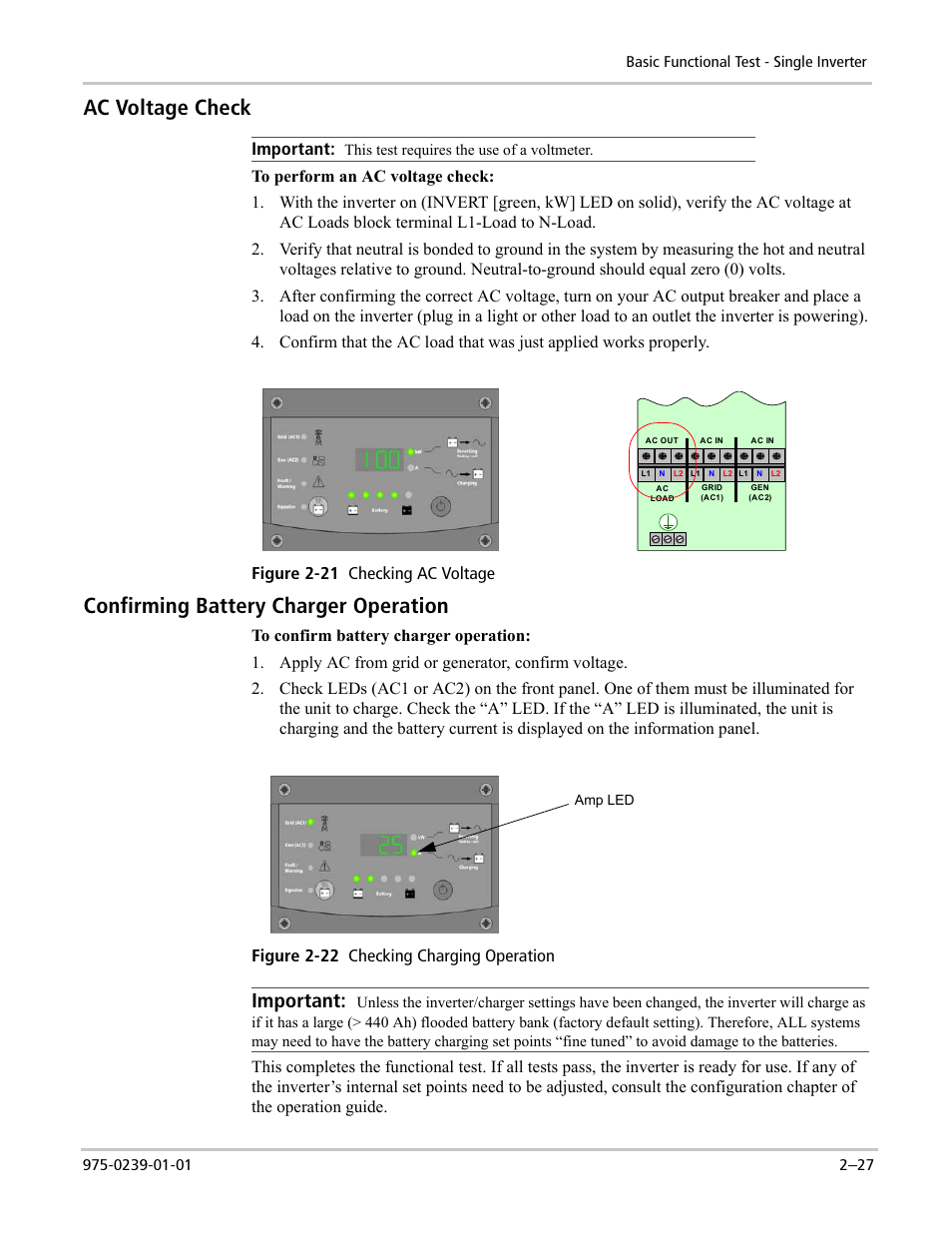 Ac voltage check, Confirming battery charger operation, Important | Figure 2-21 checking ac voltage, Figure 2-22 checking charging operation | Xantrex Technology XW4024-120/240-60 User Manual | Page 51 / 136