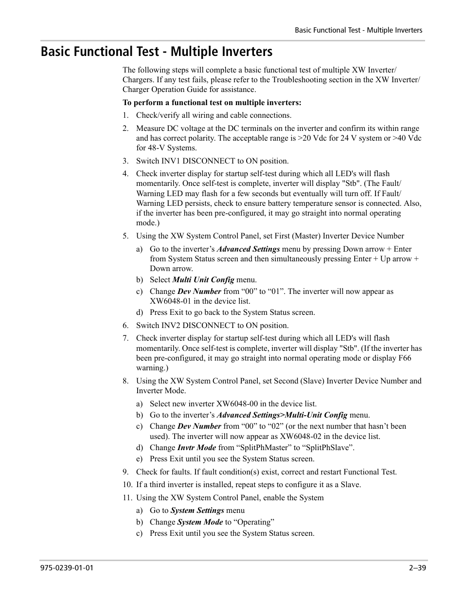 Basic functional test - multiple inverters | Xantrex Technology XW4024-120/240-60 User Manual | Page 63 / 136
