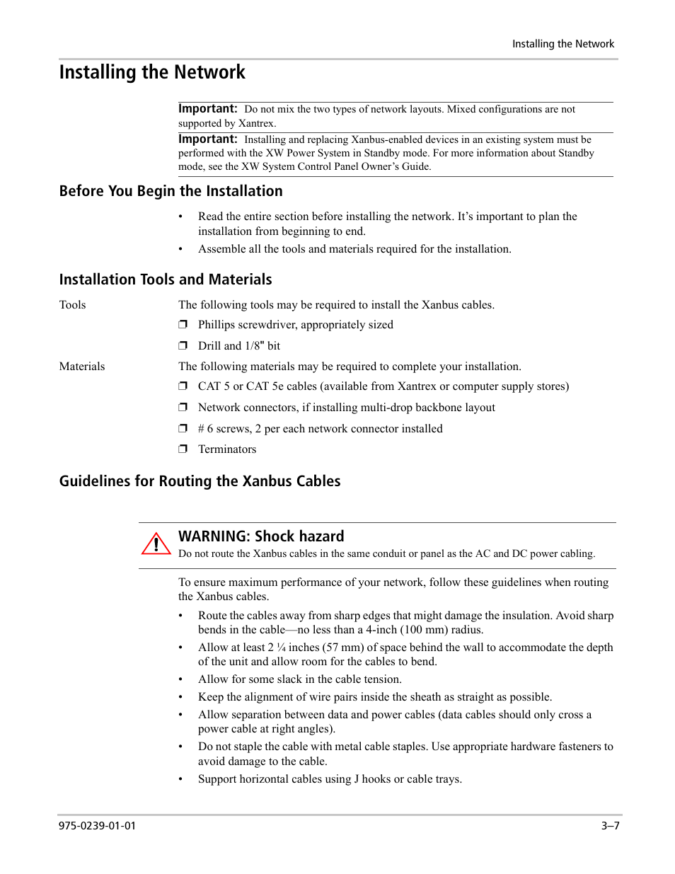 Installing the network, Before you begin the installation, Installation tools and materials | Guidelines for routing the xanbus cables, Warning: shock hazard | Xantrex Technology XW4024-120/240-60 User Manual | Page 73 / 136