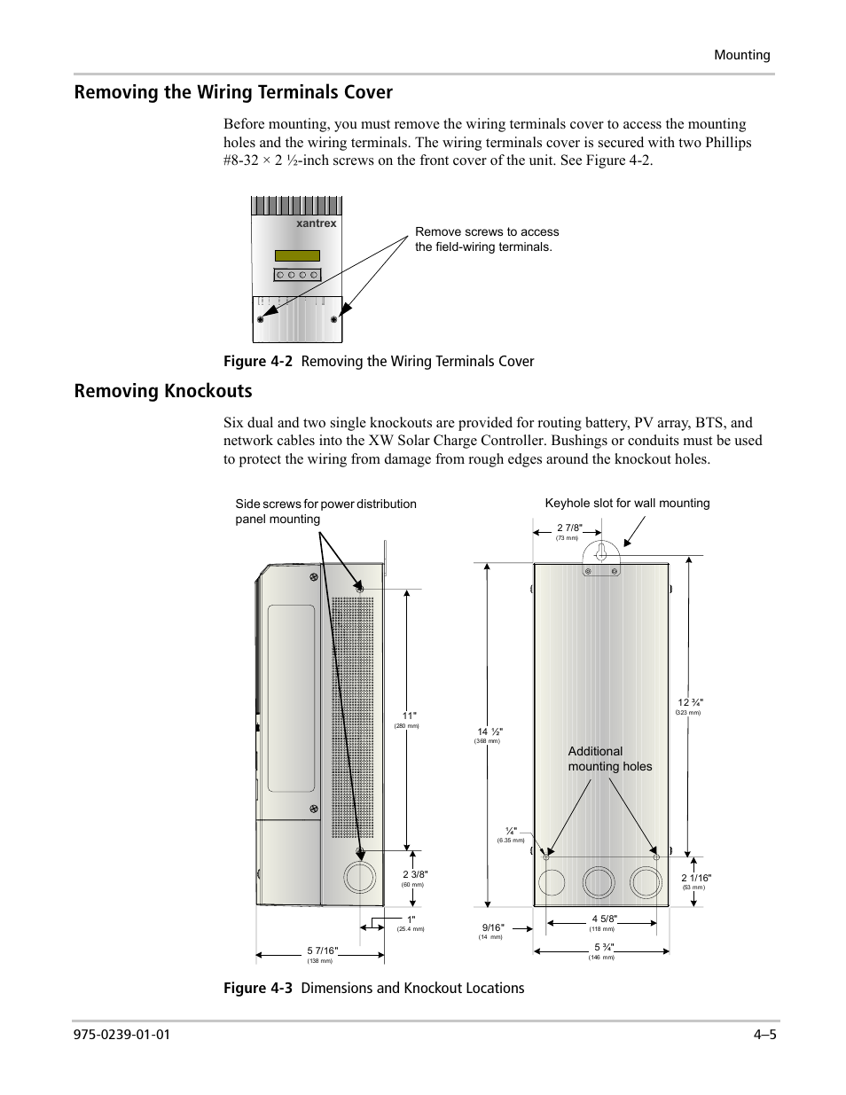 Removing the wiring terminals cover, Removing knockouts, Figure 4-3 dimensions and knockout locations | Xantrex Technology XW4024-120/240-60 User Manual | Page 81 / 136