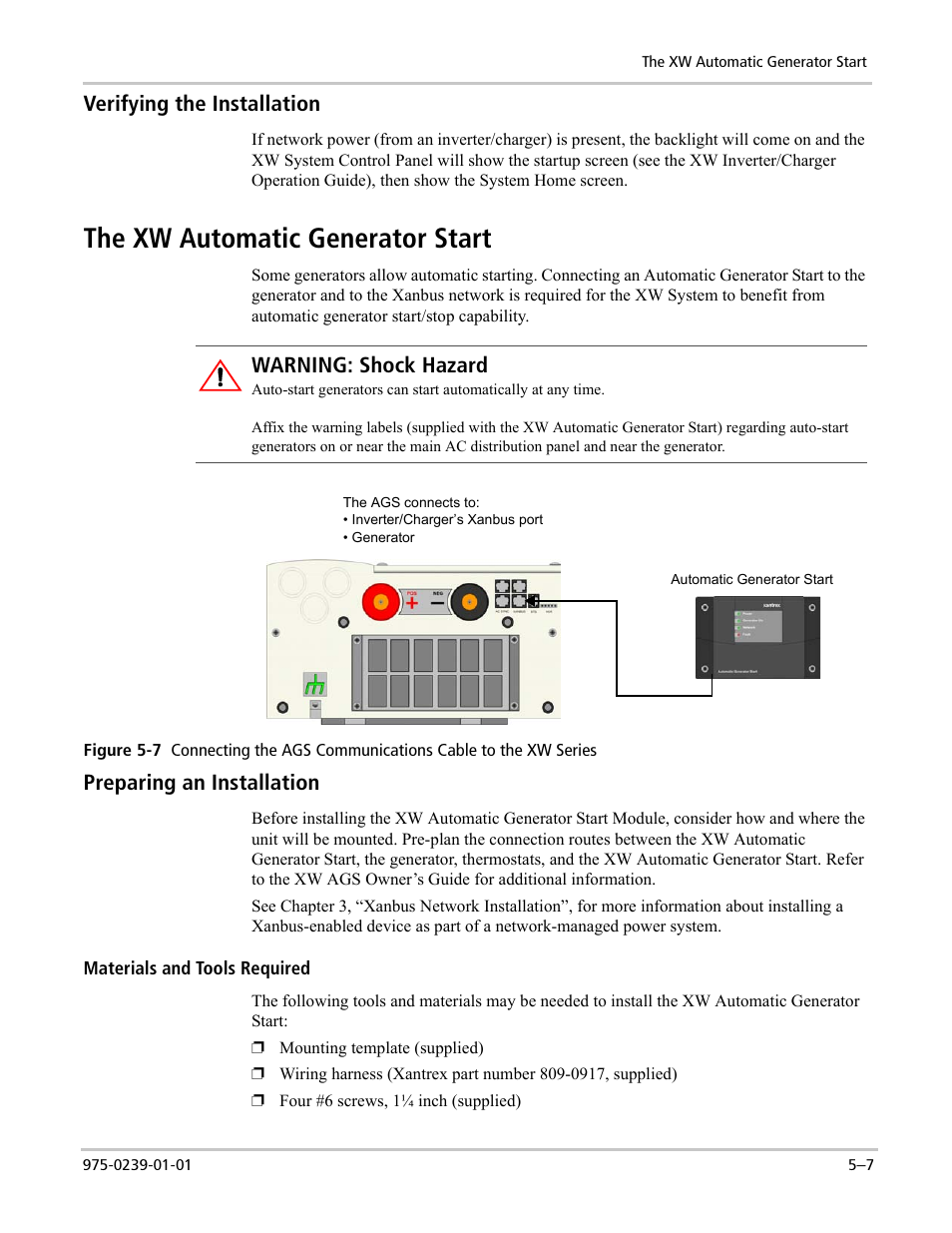 The xw automatic generator start, Verifying the installation, Preparing an installation | Warning: shock hazard | Xantrex Technology XW4024-120/240-60 User Manual | Page 99 / 136