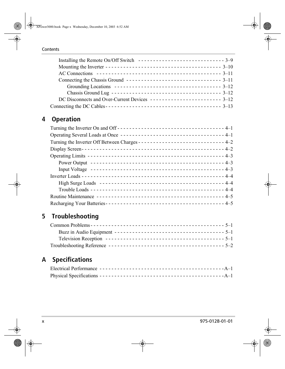 4operation, 5troubleshooting, Aspecifications | Xantrex Technology 3000 User Manual | Page 10 / 64