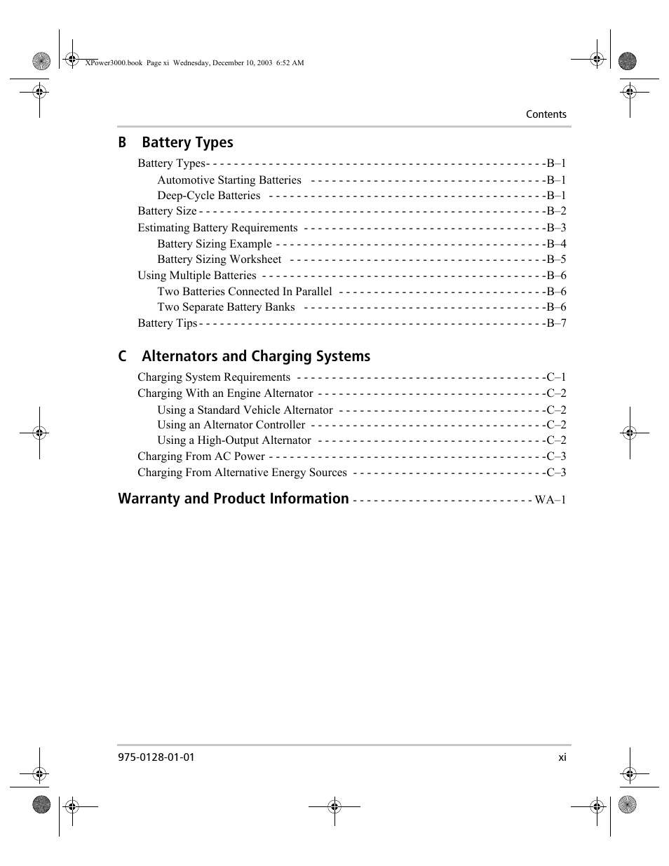 Bbattery types, Calternators and charging systems, Warranty and product information | Xantrex Technology 3000 User Manual | Page 11 / 64