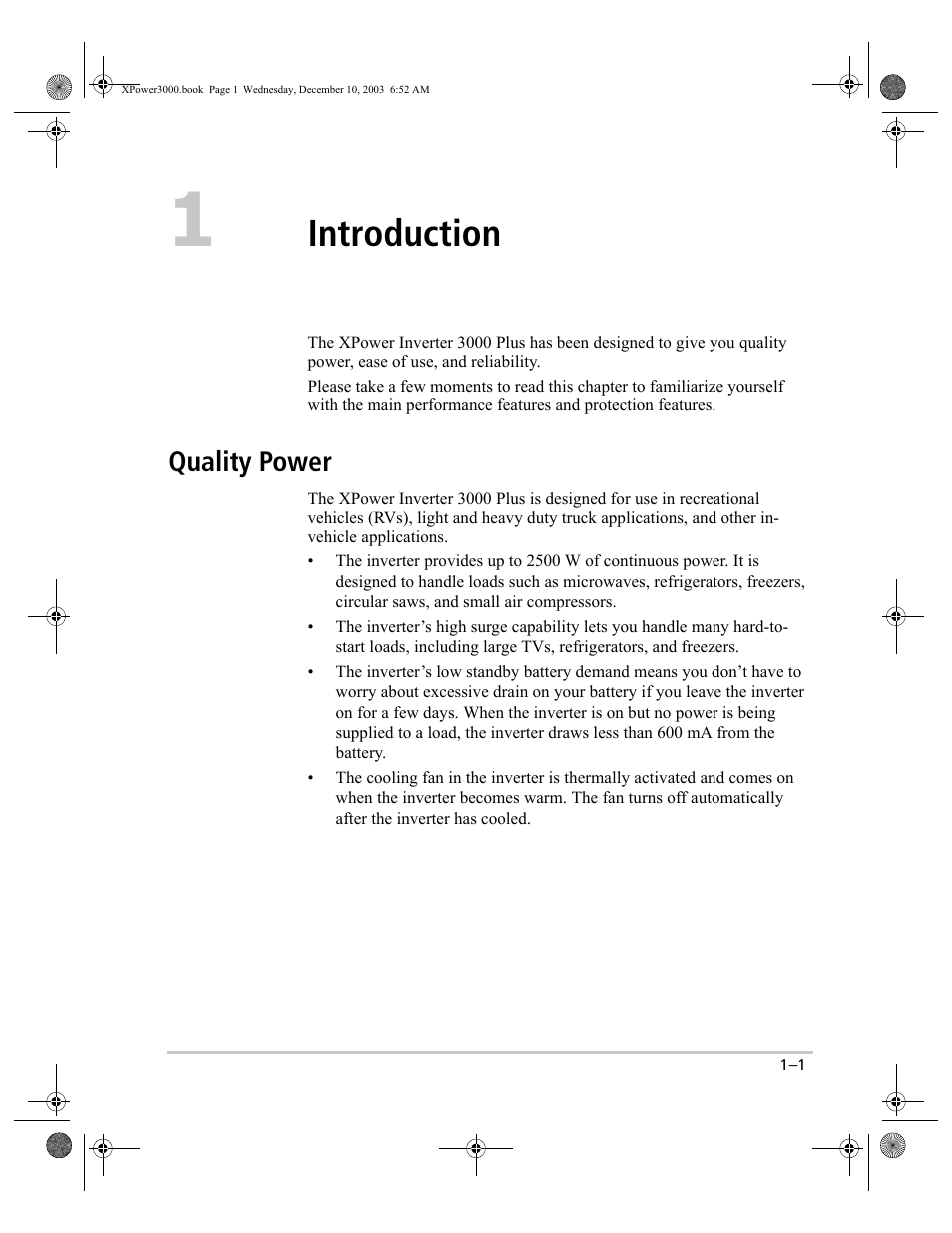 Introduction, Quality power –1, Quality power | Xantrex Technology 3000 User Manual | Page 13 / 64