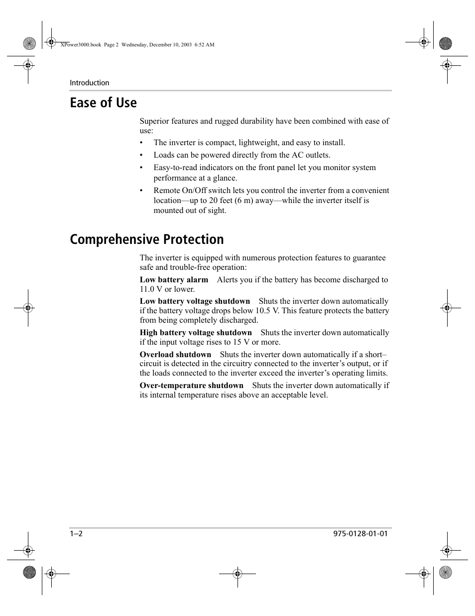 Ease of use –2 comprehensive protection –2, Ease of use, Comprehensive protection | Xantrex Technology 3000 User Manual | Page 14 / 64