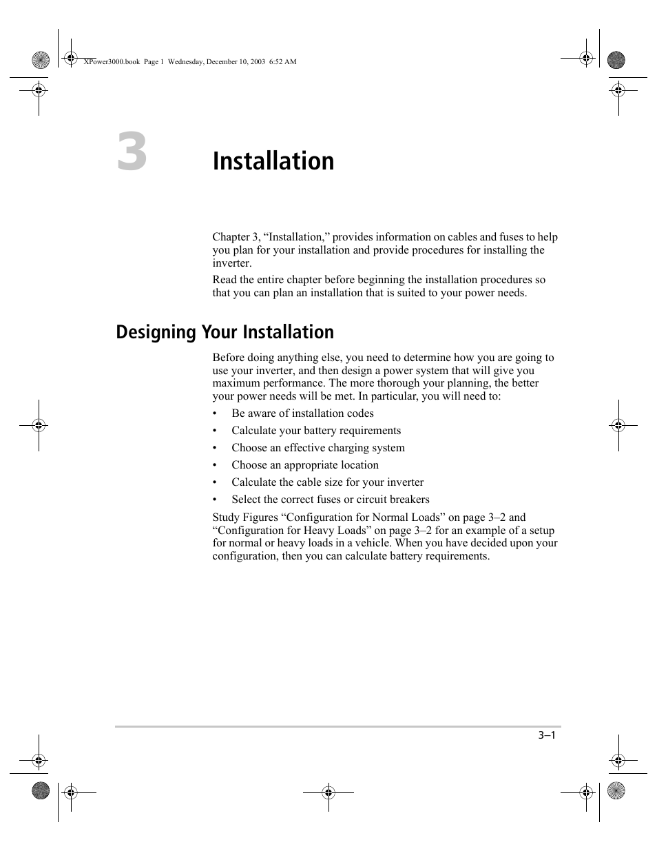 Installation, Designing your installation –1, Designing your installation | Xantrex Technology 3000 User Manual | Page 19 / 64