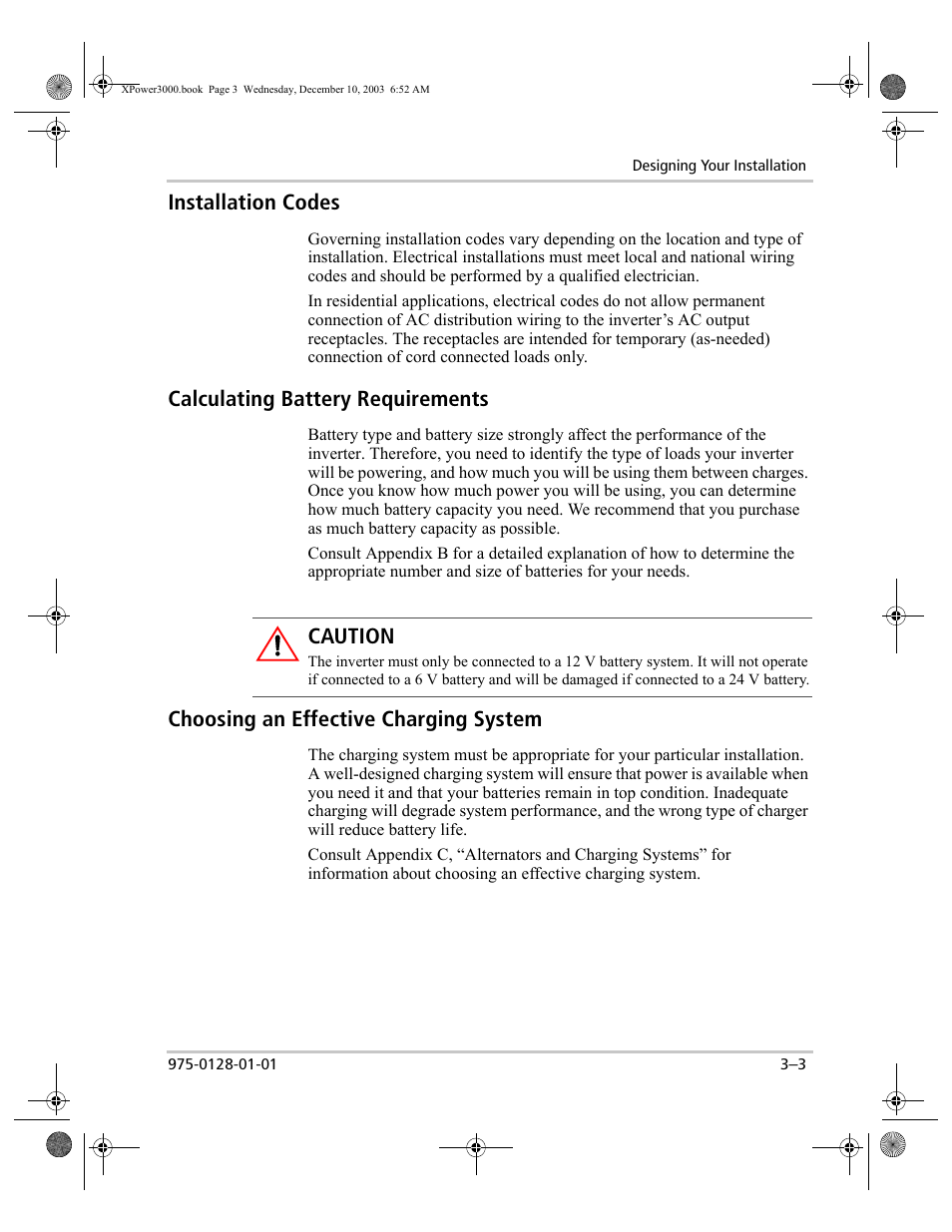 Installation codes, Calculating battery requirements, Choosing an effective charging system | Caution | Xantrex Technology 3000 User Manual | Page 21 / 64