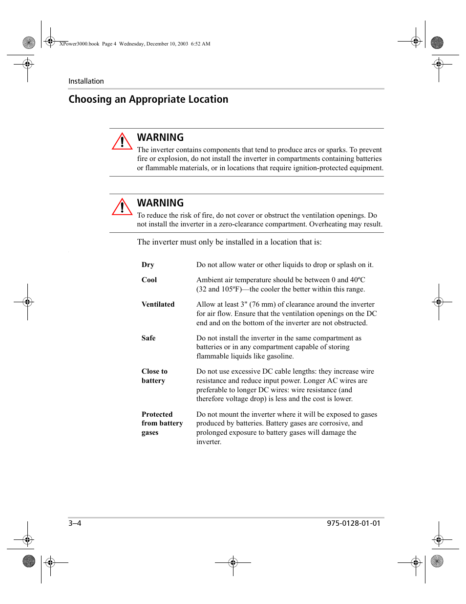 Choosing an appropriate location, Choosing an appropriate location –4, Warning | Xantrex Technology 3000 User Manual | Page 22 / 64