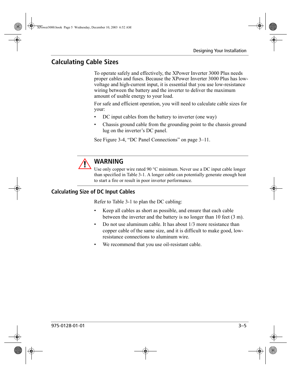 Calculating cable sizes, Calculating size of dc input cables, Calculating cable sizes –5 | Calculating size of dc input cables –5, Warning | Xantrex Technology 3000 User Manual | Page 23 / 64