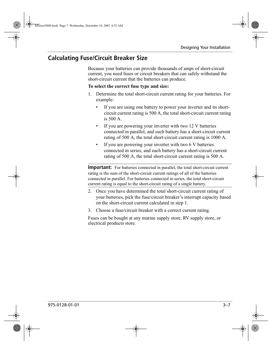 Calculating fuse/circuit breaker size, Calculating fuse/circuit breaker size –7 | Xantrex Technology 3000 User Manual | Page 25 / 64