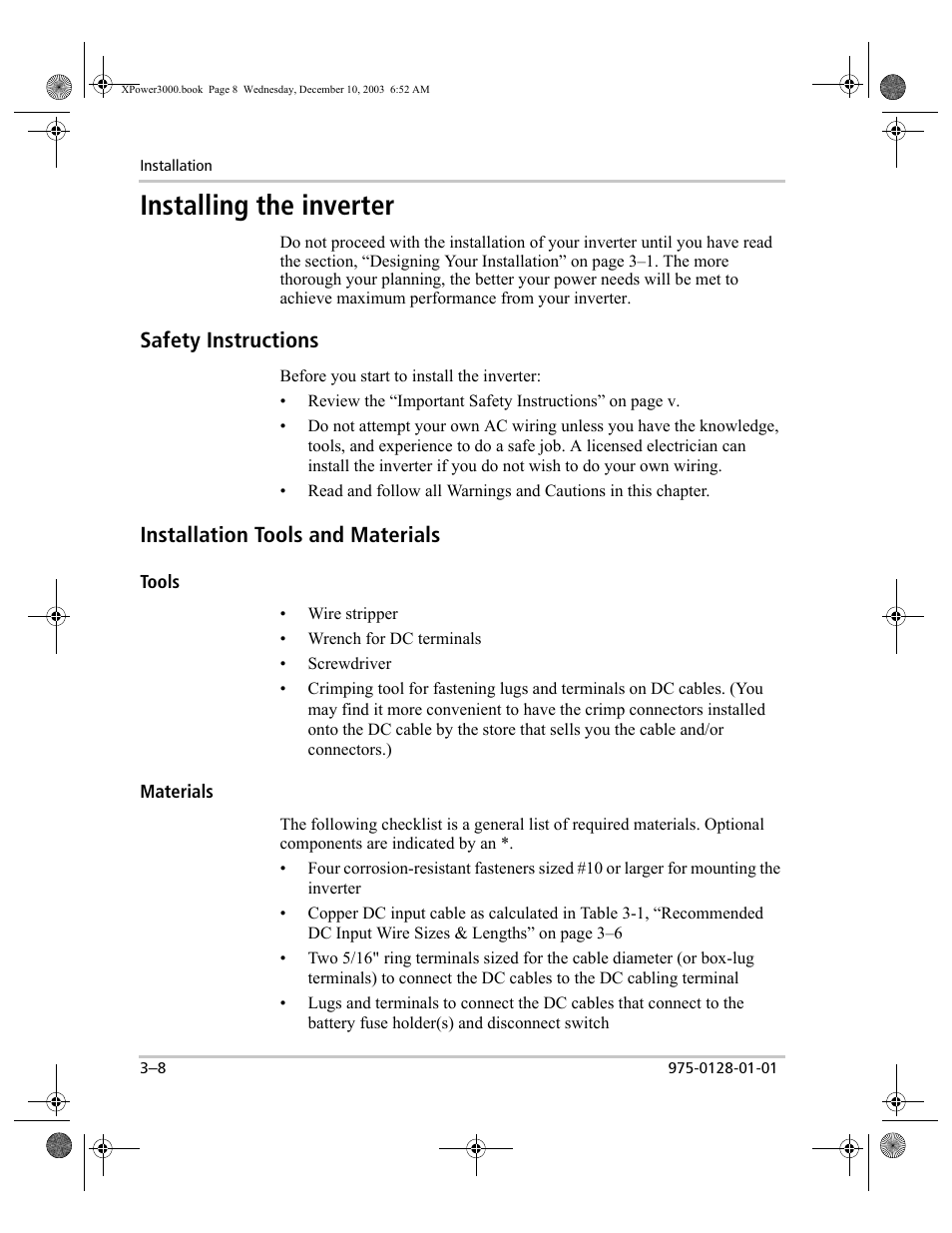 Safety instructions, Installation tools and materials, Tools | Materials, Installing the inverter –8, Tools –8 materials –8, Installing the inverter | Xantrex Technology 3000 User Manual | Page 26 / 64