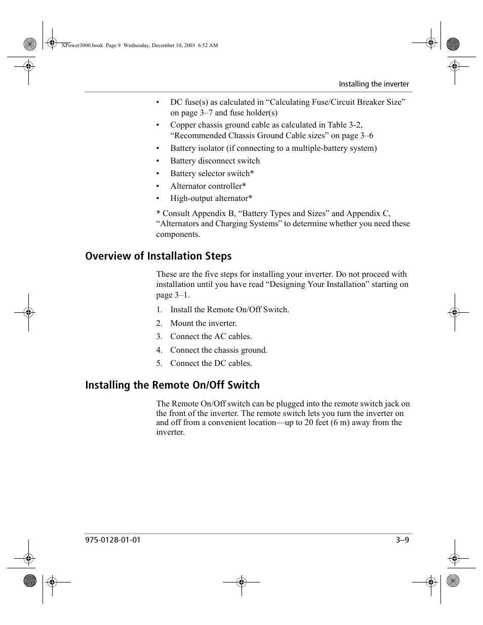 Overview of installation steps, Installing the remote on/off switch, Overview of installation steps –9 | Installing the remote on/off switch –9 | Xantrex Technology 3000 User Manual | Page 27 / 64