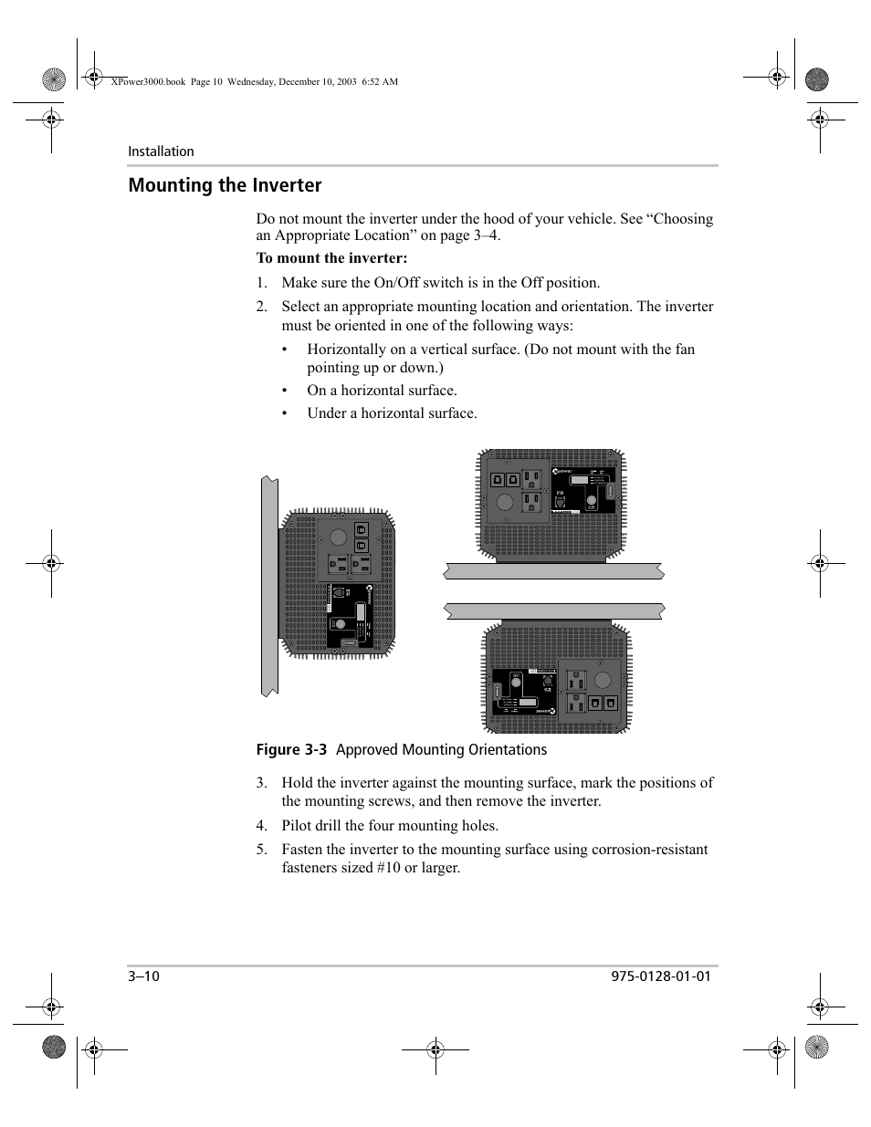 Mounting the inverter, Mounting the inverter –10 | Xantrex Technology 3000 User Manual | Page 28 / 64