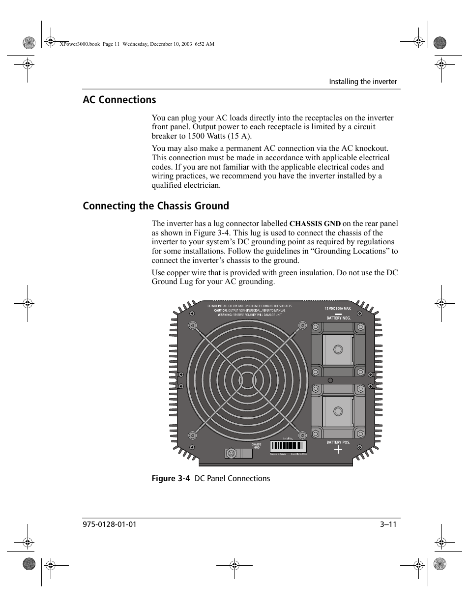 Ac connections, Connecting the chassis ground | Xantrex Technology 3000 User Manual | Page 29 / 64