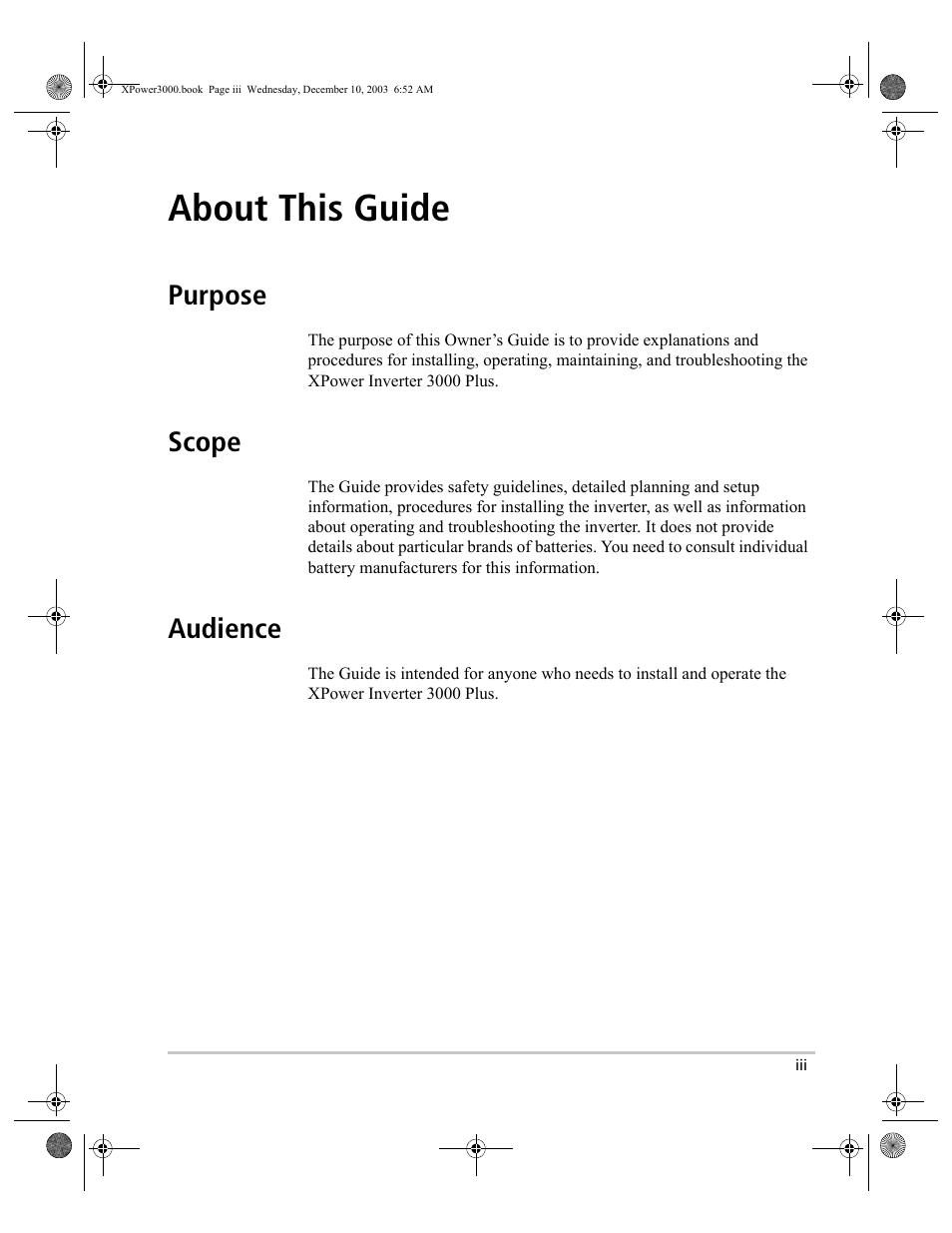 About this guide, Purpose, Scope | Audience | Xantrex Technology 3000 User Manual | Page 3 / 64