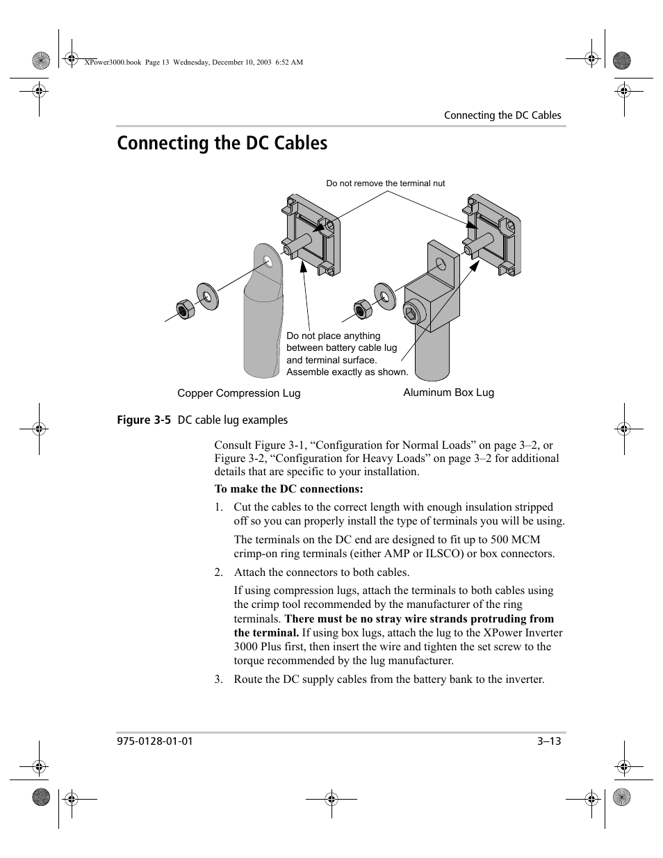 Connecting the dc cables –13, Connecting the dc cables | Xantrex Technology 3000 User Manual | Page 31 / 64