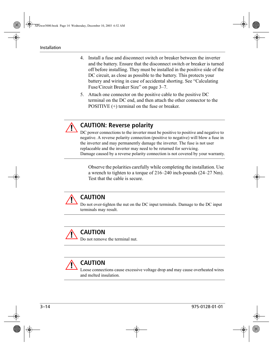 Caution: reverse polarity, Caution | Xantrex Technology 3000 User Manual | Page 32 / 64