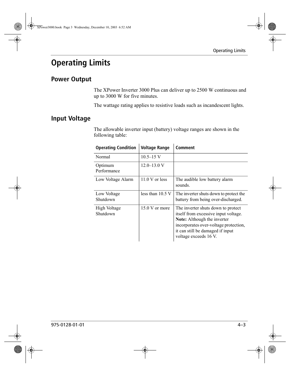 Power output, Input voltage, Operating limits –3 | Power output –3 input voltage –3, Operating limits | Xantrex Technology 3000 User Manual | Page 37 / 64